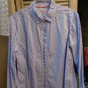 Boden Classic Fit Button Down Shirt Blue with Red Dots Size US 8P 8 Petite EUC